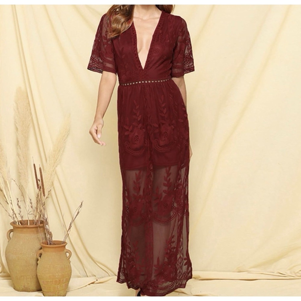 Eleter Lace Maxi Dress  Red Deep V Neck Romper Lining Romantic Cottage Fairy -S
